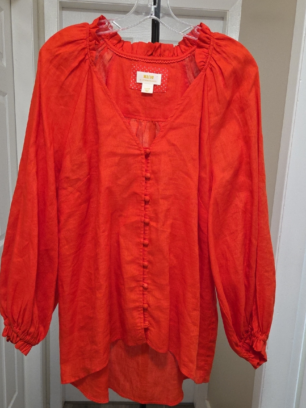 Anthropologie Maeve 100% Linen Red Peasant Blouse Button Front Boho Top - Picture 2 of 12